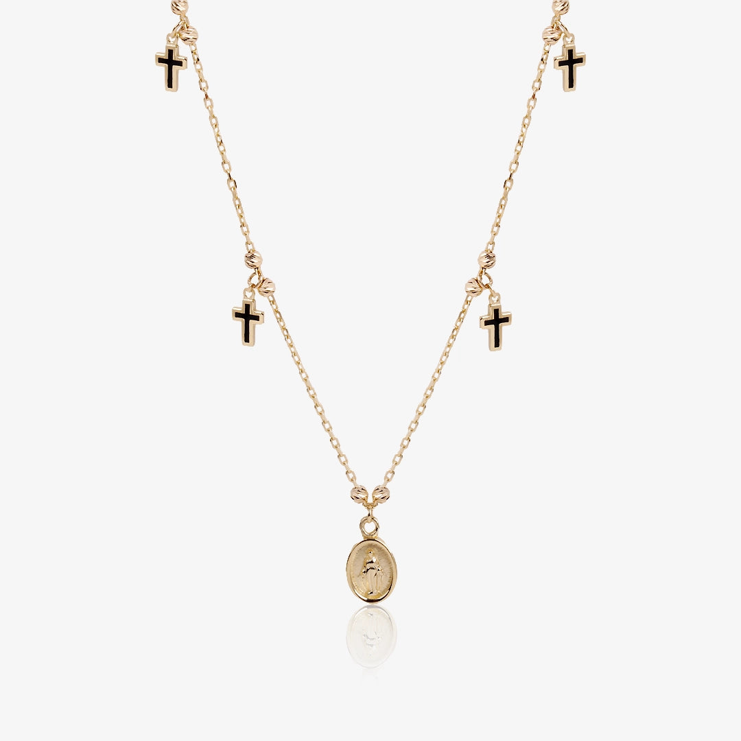 Cross and medal necklace.