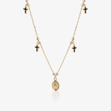 Cross and medal necklace.